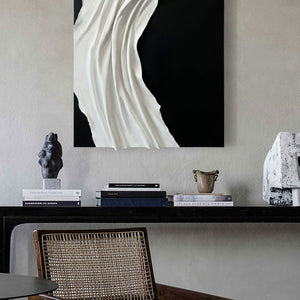 Minimalist Black and White Abstract Textured Wall Art, Modern Neutral Monochrome 3D Wave Relief Decor for Contemporary Living Spaces, Elegant Monotone Vertical Wall Hanging