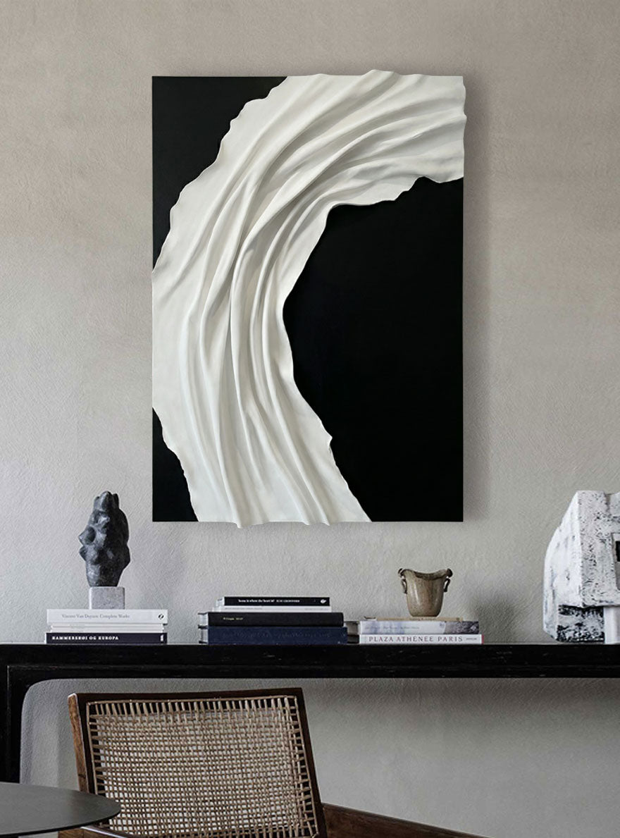 Minimalist Black and White Abstract Textured Wall Art, Modern Neutral Monochrome 3D Wave Relief Decor for Contemporary Living Spaces, Elegant Monotone Vertical Wall Hanging
