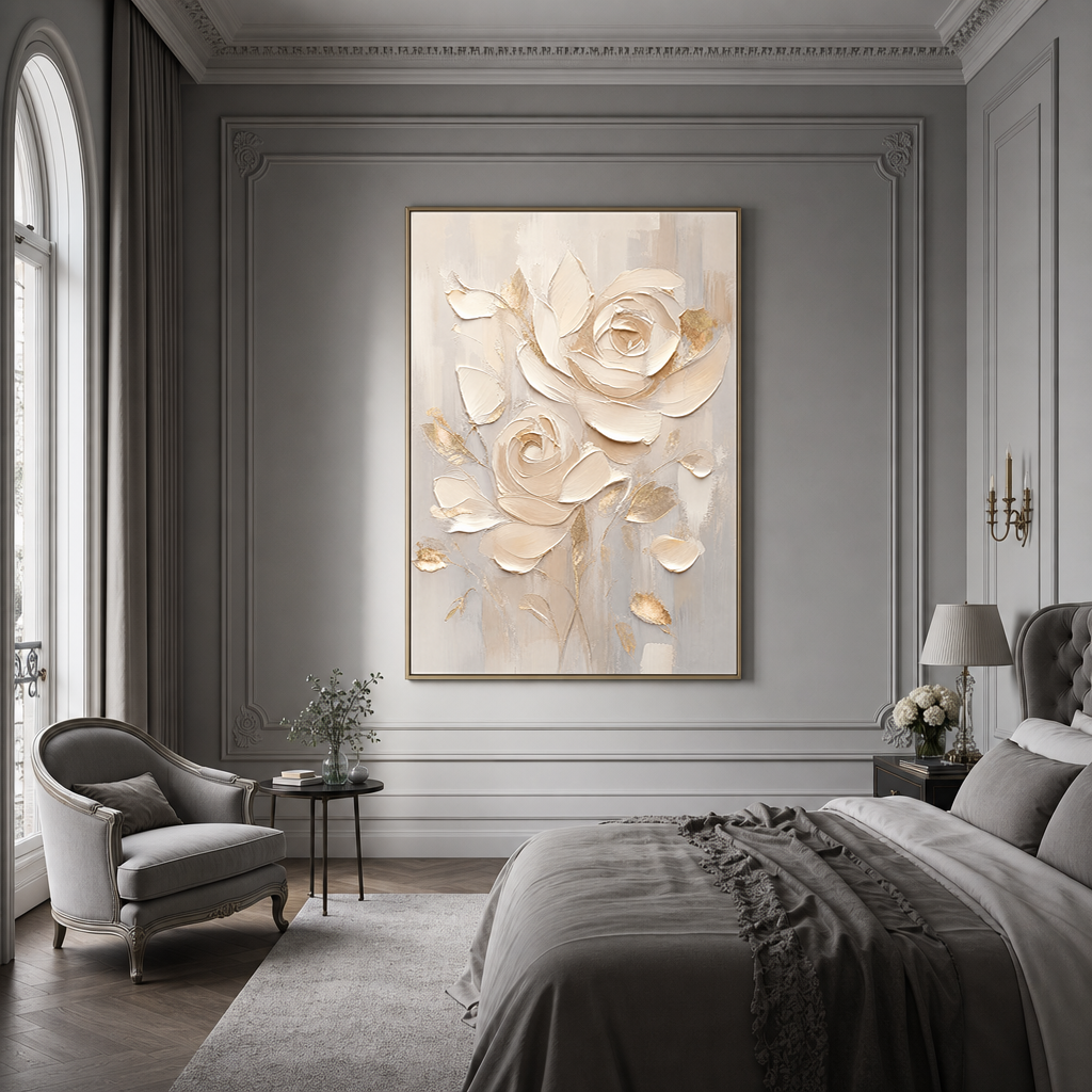 Flower and Tree Textured Beige Soft Gray Gold Acrylic-Style 3D Relief Vertical Wall Art for Living Room