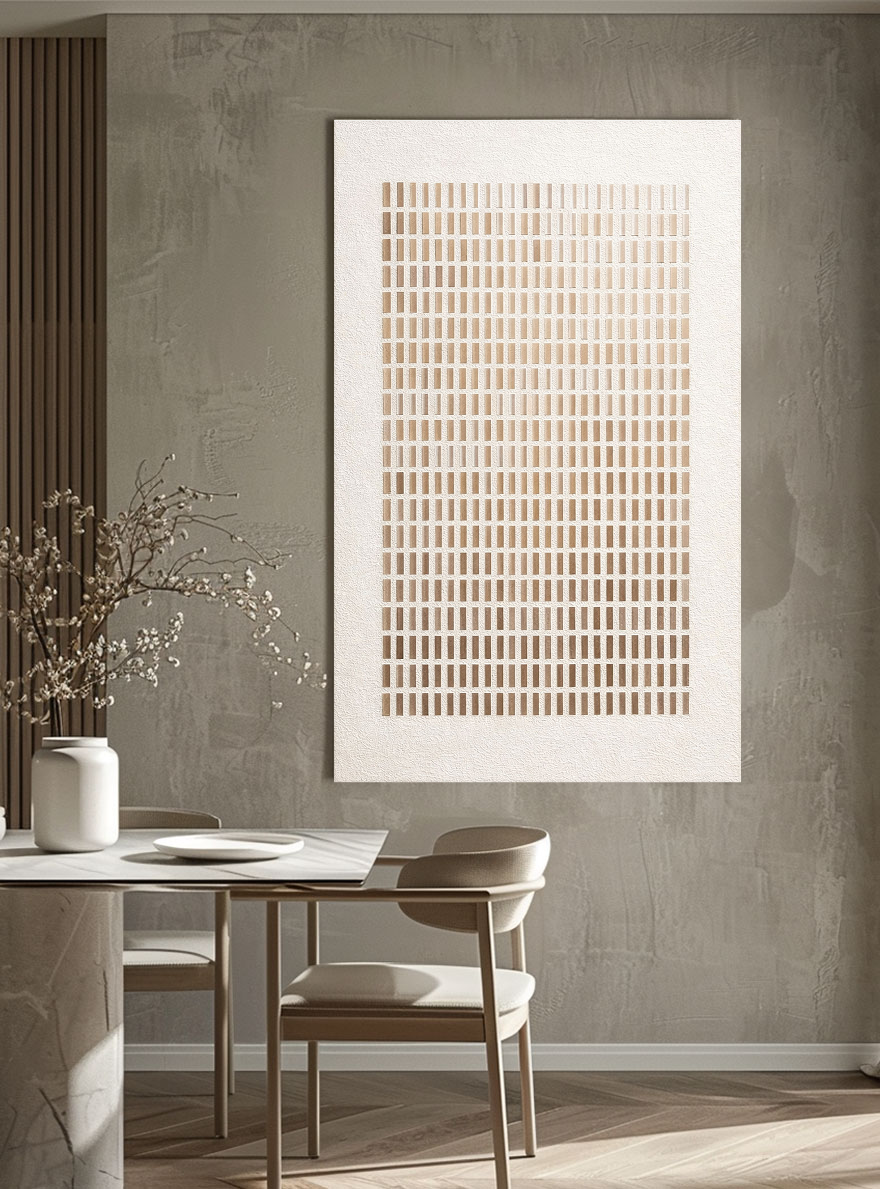 Minimalist Abstract Geometric Beige White Gradient Line Grid Textured Canvas Wall Art Neutral Tone Modern Home Office Living Room Decor#TW187