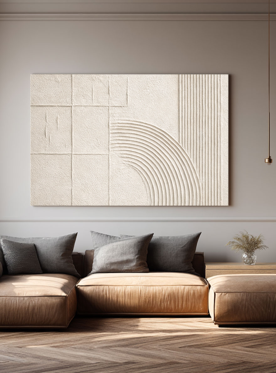 Neutral Beige White Geometric Lines Abstract Textured Minimalist Plaster Wall Art for Modern Living Room Bedroom Office Dining Hallway Home Decor