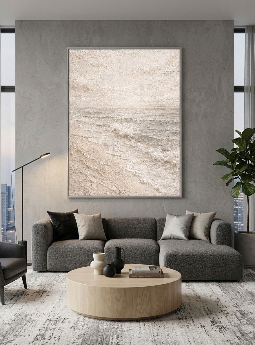 Minimalist Neutral Ocean Wave Textured Wall Art Beige White Grey Abstract Beach Scene Impasto Painting Coastal Artwork for Living Room Bedroom Dining Room Office Hallway