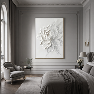 White Flower Textured Contemporary Vertical 3D Relief Wall Art for Living Room Bedroom