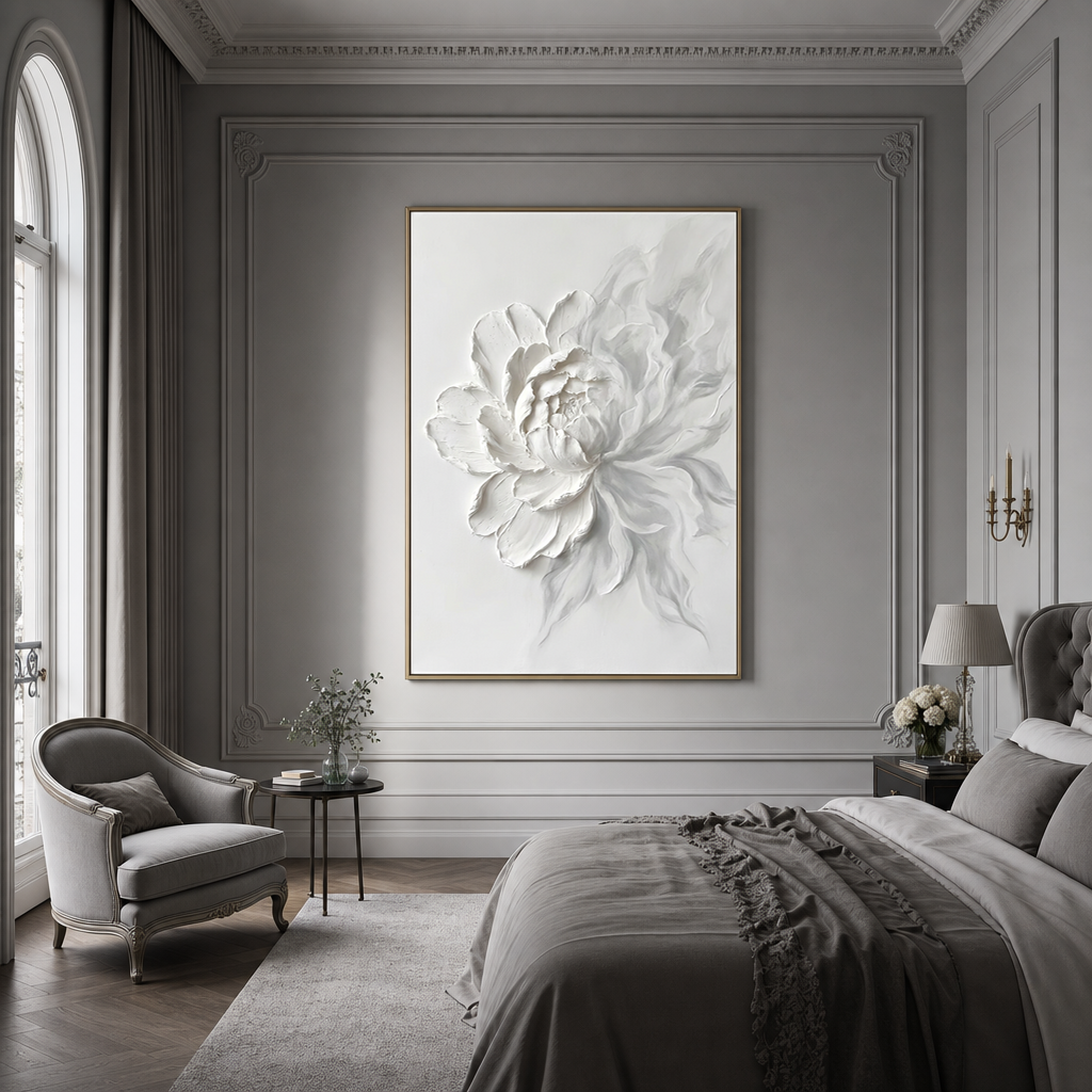White Flower Textured Contemporary Vertical 3D Relief Wall Art for Living Room Bedroom