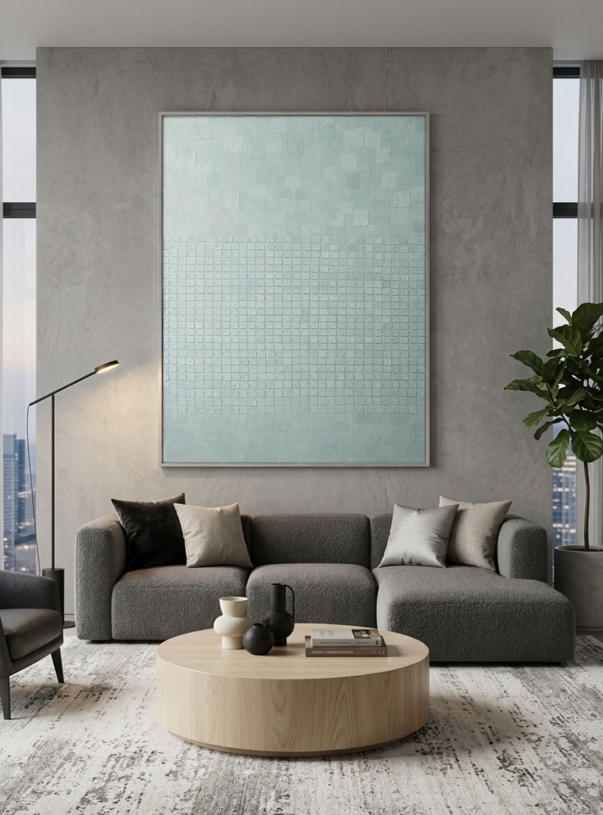 Minimalist Light Blue-Grey Geometric Abstract Textured Wall Art, Subtle Modern Grid and Irregular Block Pattern, Muted Contemporary Wall Decor for Calm Spaces