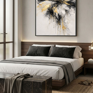 Modern Abstract Black White Gold Impasto Wall Art, Radial Splash Textured Canvas Painting, Thick Knife Brush Marks Framed Artwork for Living Room Bedroom Office Hallway Dining Room, Contemporary Minimalist Home Decor Accent