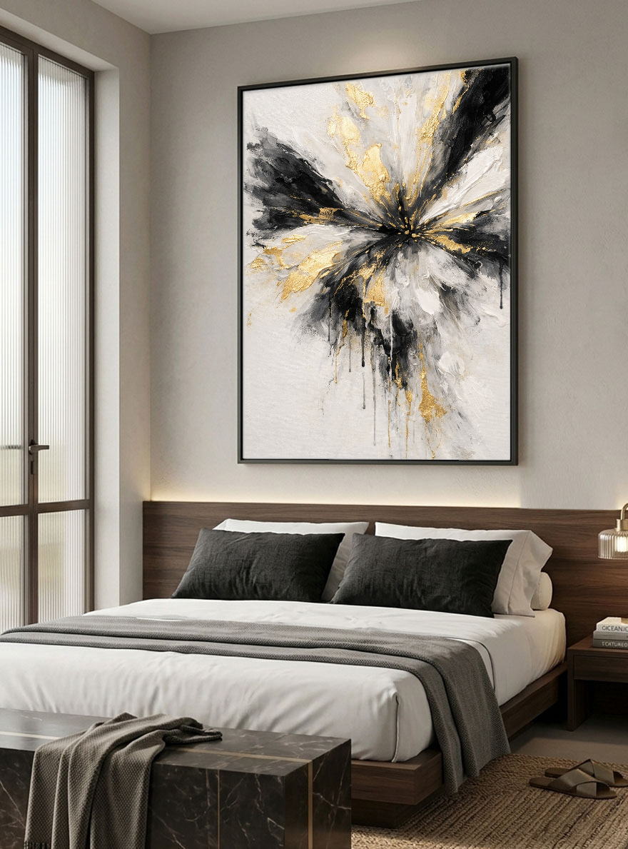 Modern Abstract Black White Gold Impasto Wall Art, Radial Splash Textured Canvas Painting, Thick Knife Brush Marks Framed Artwork for Living Room Bedroom Office Hallway Dining Room, Contemporary Minimalist Home Decor Accent