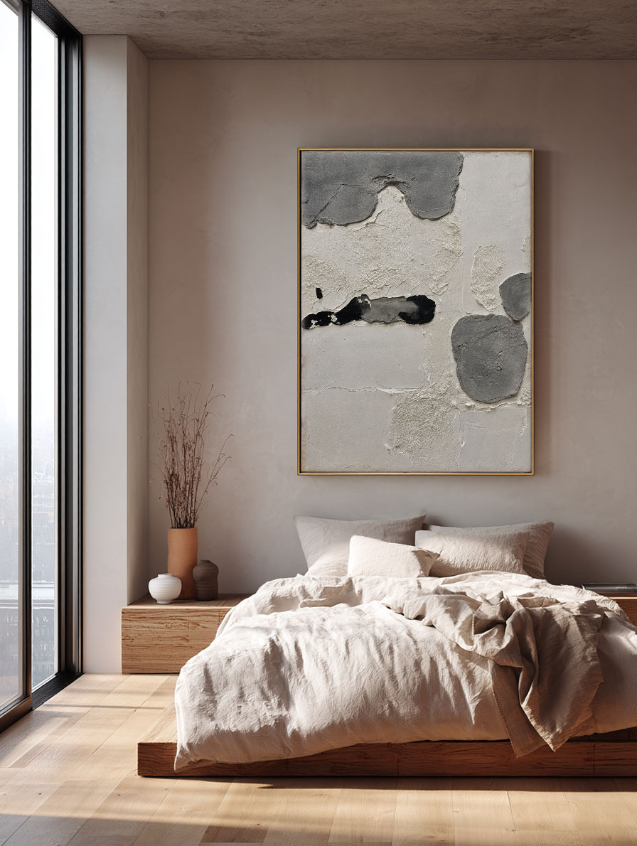 Minimalist Asymmetrical Abstract Textured Wall Art Neutral Black Medium Grey Beige White Modern Handcrafted Plaster Style Decor for Contemporary Office Hallway Dining Room Bedroom Living Room