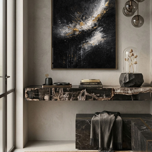 Black Gold White Abstract Textured Impasto Wall Art Modern Minimalist Decorative Painting with Thick Knife Brush Strokes for Contemporary Home Living Room Bedroom Office Hallway Dining Room