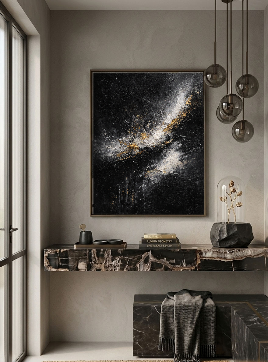 Black Gold White Abstract Textured Impasto Wall Art Modern Minimalist Decorative Painting with Thick Knife Brush Strokes for Contemporary Home Living Room Bedroom Office Hallway Dining Room
