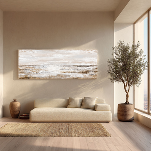 Abstract Coastal Ocean and Sky Landscape Textured Wall Art, Neutral Brown Beige White Light Grey Panoramic Large Canvas Print Artwork for Modern Home Decor, Living Room Bedroom Dining Room Office Hallway Wall Decoration