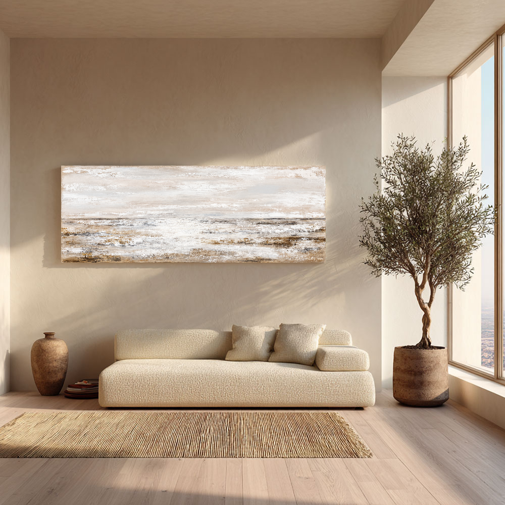Abstract Coastal Ocean and Sky Landscape Textured Wall Art, Neutral Brown Beige White Light Grey Panoramic Large Canvas Print Artwork for Modern Home Decor, Living Room Bedroom Dining Room Office Hallway Wall Decoration