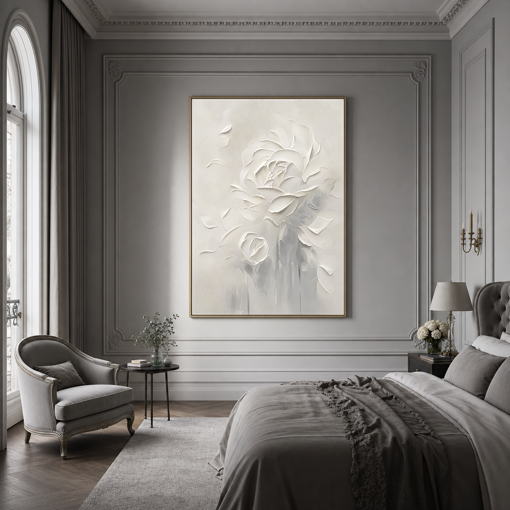 White And Soft Gray Textured Flower Vertical Acrylic-Style Wall Art for Living Room