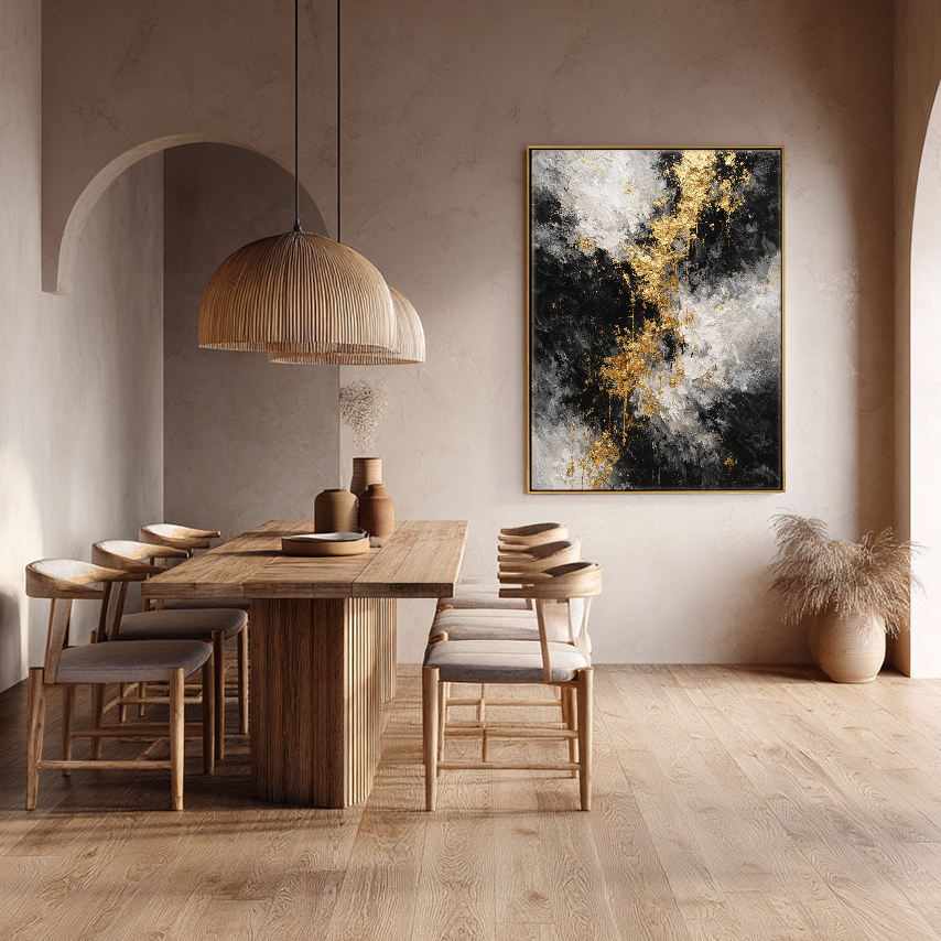 Black White Gold Abstract Thick Textured Impasto Canvas Wall Art, Modern Luxury Vertical Framed Artwork for Contemporary Home Decor, Living Room Bedroom Dining Hallway Office Accent