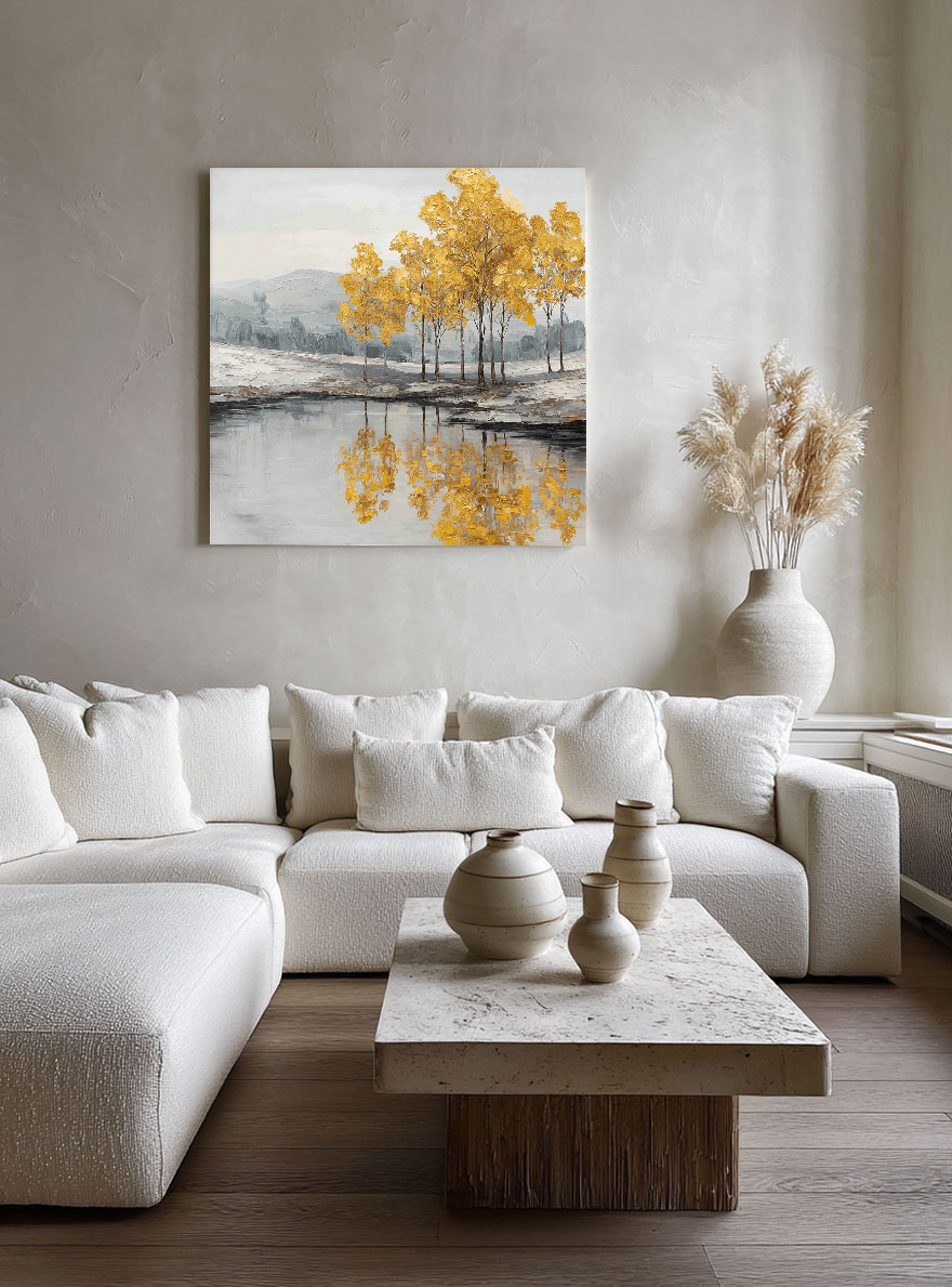 Golden Tree Reflection Landscape Wall Art Textured Impasto Framed Artwork Muted Grey White Lake Scene Wall Decor for Living Room Bedroom Office Dining Hallway