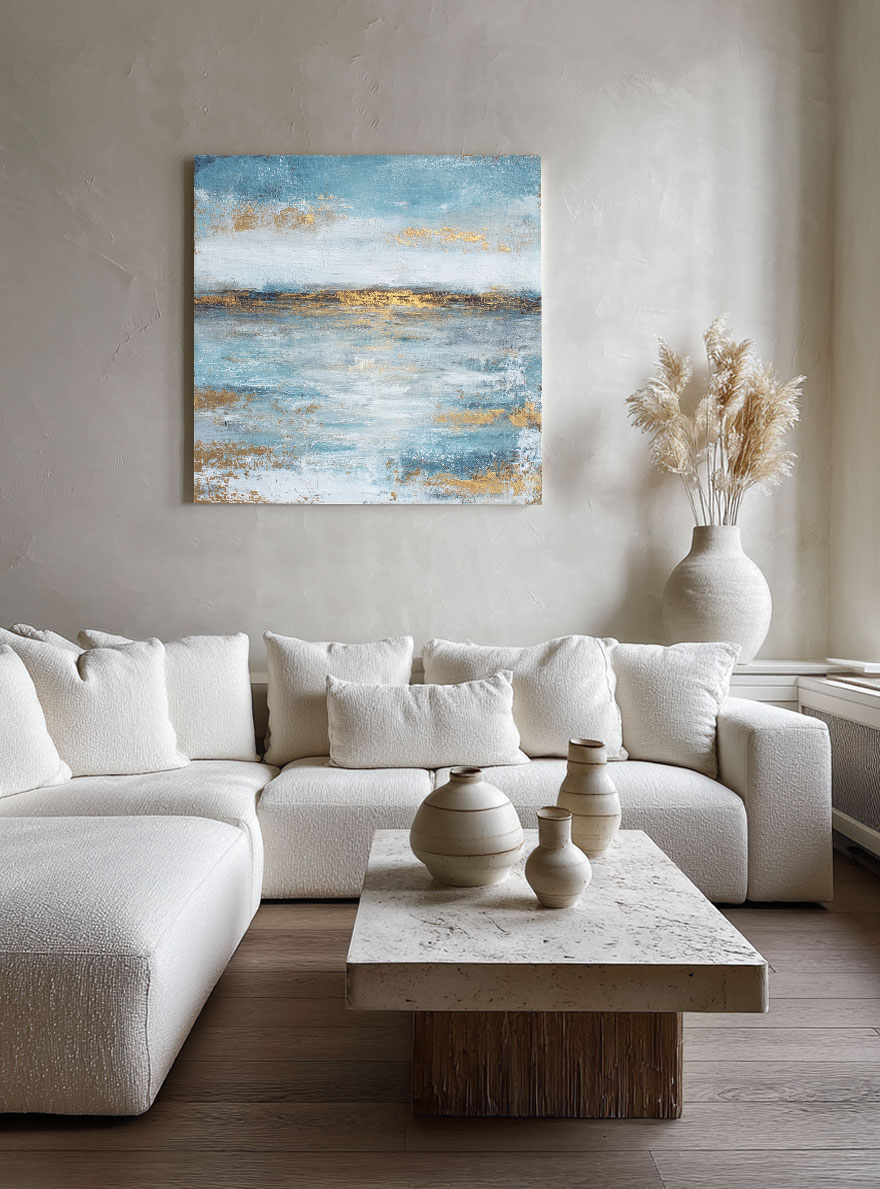 Abstract Blue and Gold Textured Ocean and Sky Canvas Wall Art Modern Minimalist Seascape Painting for Living Room Bedroom Office Dining Hallway Home Decor