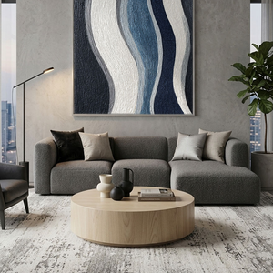 Modern Abstract Black White Blue Grey Curved Geometry Textured Minimalist Wall Art Decor, Large Framed Handmade Wavy Lines Stretched Canvas Artwork for Living Room Bedroom Dining Room Office Home Office Hallway Wall Decor