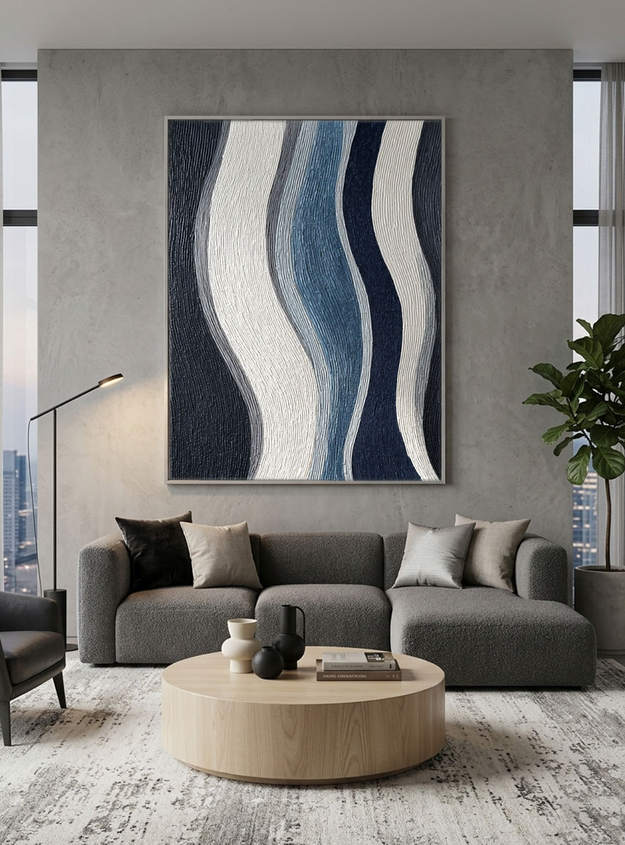 Modern Abstract Black White Blue Grey Curved Geometry Textured Minimalist Wall Art Decor, Large Framed Handmade Wavy Lines Stretched Canvas Artwork for Living Room Bedroom Dining Room Office Home Office Hallway Wall Decor