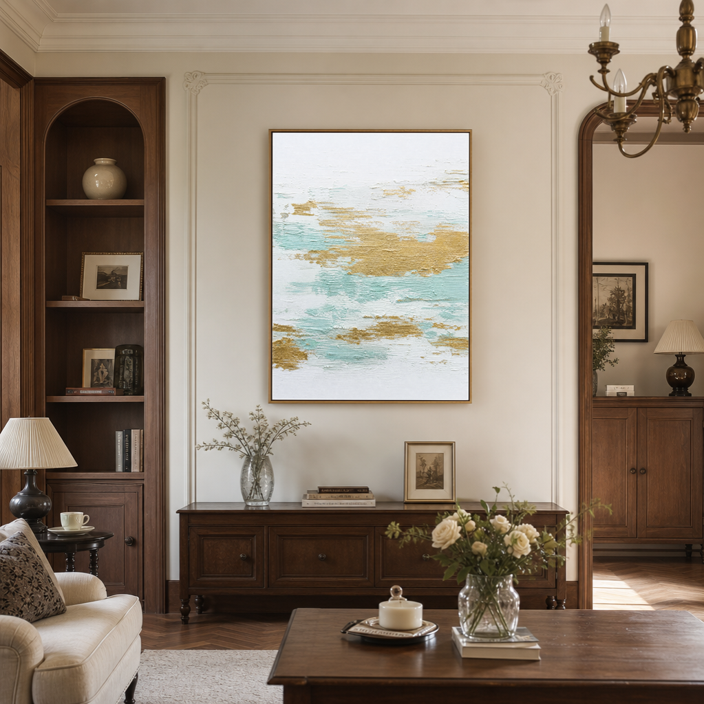 Textured Abstract White Gold Light Teal Vertical Acrylic-Style Wall Art for Living Room