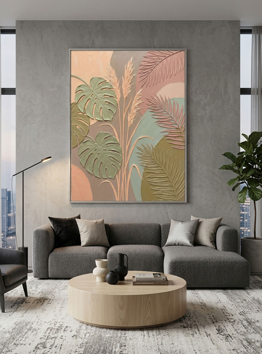 Bohemian Tropical Monstera Palm Leaves Pampas Grass Textured Abstract Floral Wall Art for Living Room Bedroom Dining Room Office Home Decor