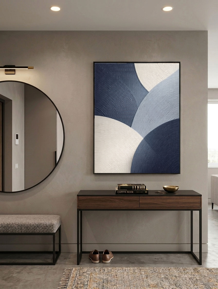 Modern Abstract Blue White Beige Light Grey Curved Geometric Lines Textured Impasto Canvas Wall Art for Minimalist Living Room Office Bedroom Dining Room Hallway Home Decor