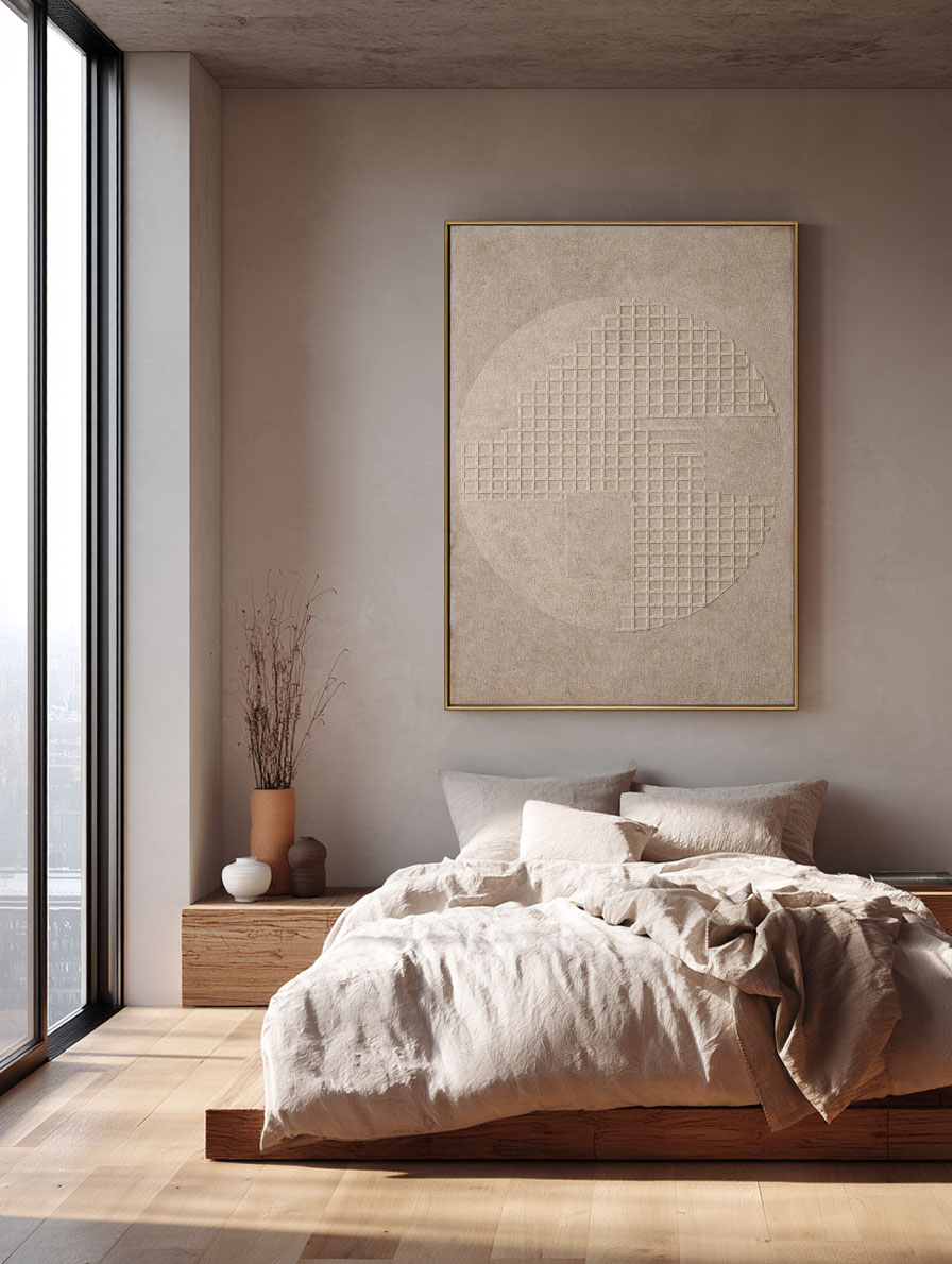 Minimalist Neutral Beige Geometric Textured Wall Art Modern Abstract Grid Circle Relief Artwork Wabi-Sabi Style Elegant Subtle Tonal Decor for Office Living Room Bedroom Dining Room Hallway