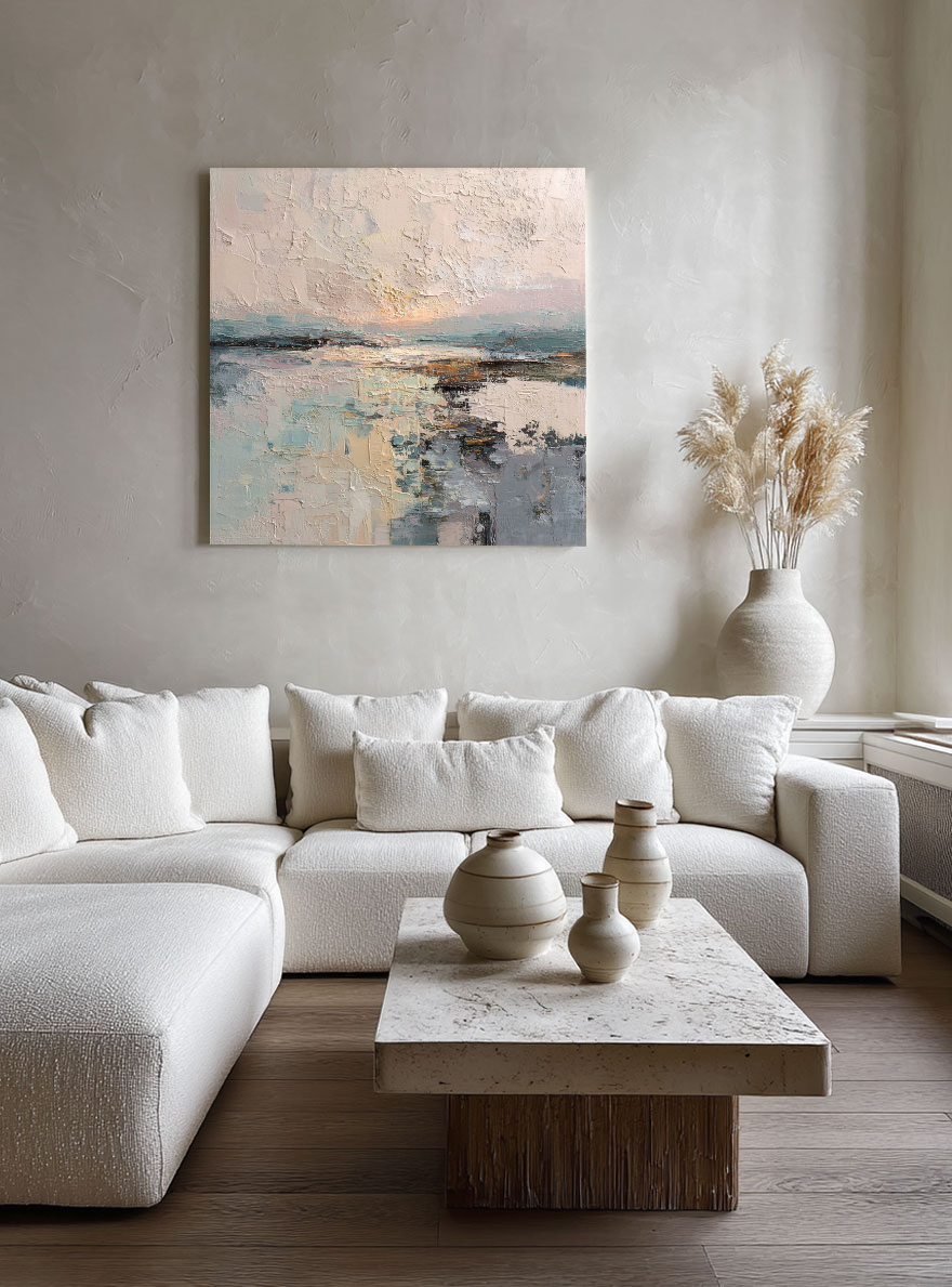 Abstract Ocean Sky Landscape Textured Wall Art, Soft Pink Beige Blue White Impasto Painting for Modern Home Decor, Calm Nature Inspired Artwork for Living Room Bedroom Office