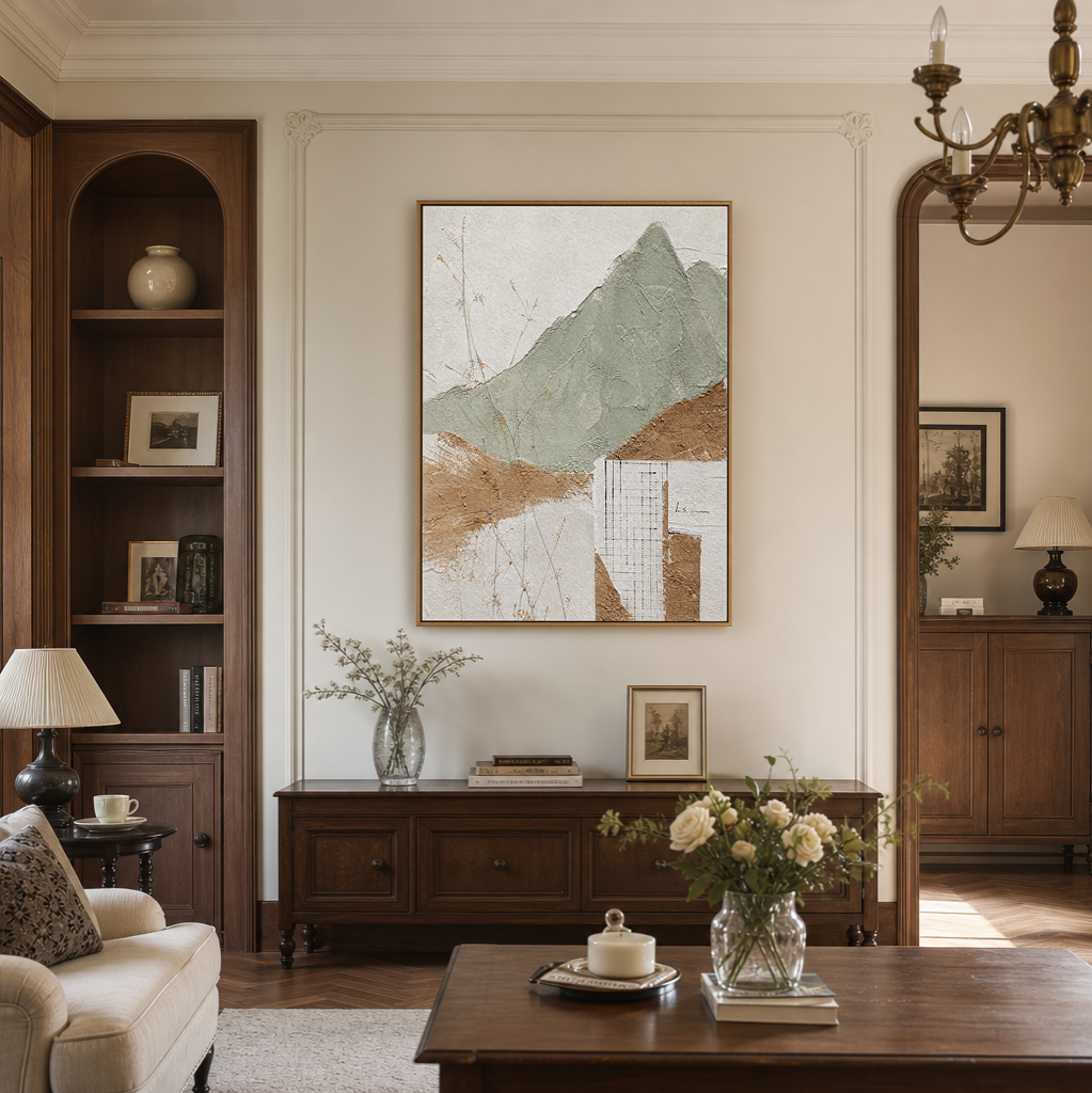 Abstract Sage Green Terracotta Off White Textured Acrylic-style Vertical Landscape Wall Art for Living Room