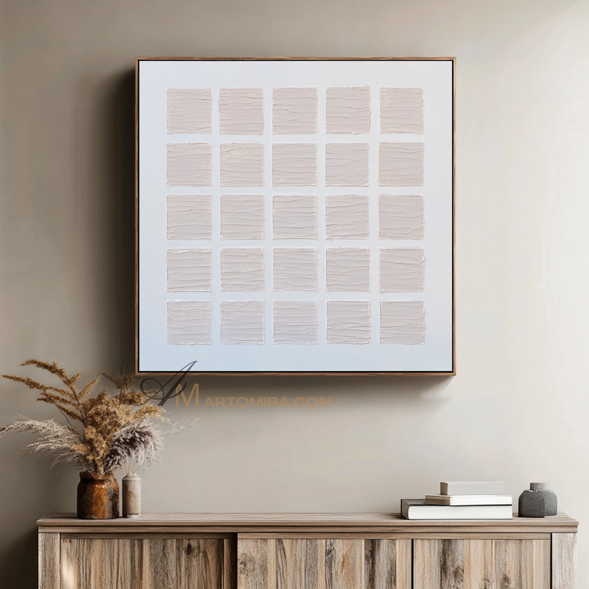 Wabi-Sabi Minimalist Light Beige Textured Grid Painting | Modern Geometric Square Canvas | Soft Abstract Wall Art | Minimal Home Decor