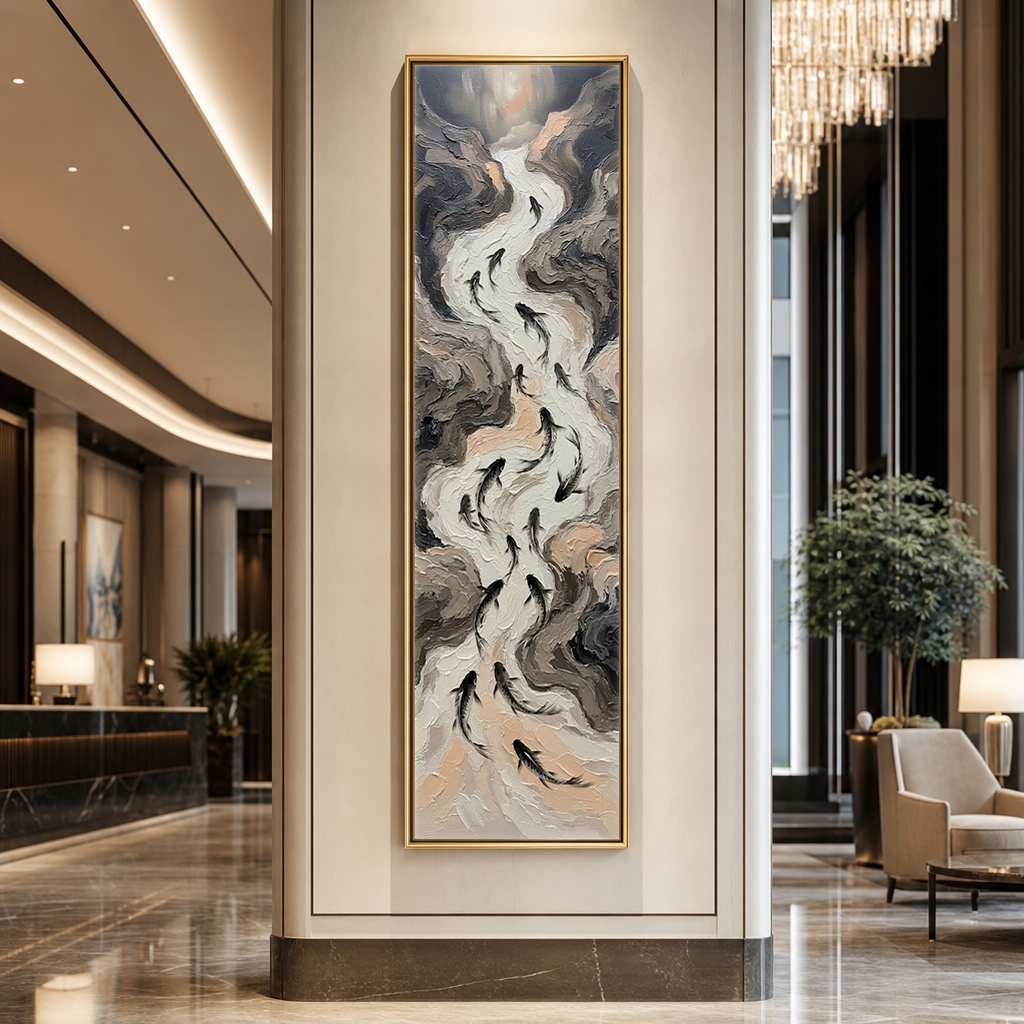 Abstract Koi Fish Stream Vertical Wall Art Textured Impasto Neutral Beige Brown Grey Black Modern Minimalist Canvas for Office Hallway Living Room Bedroom Dining Room