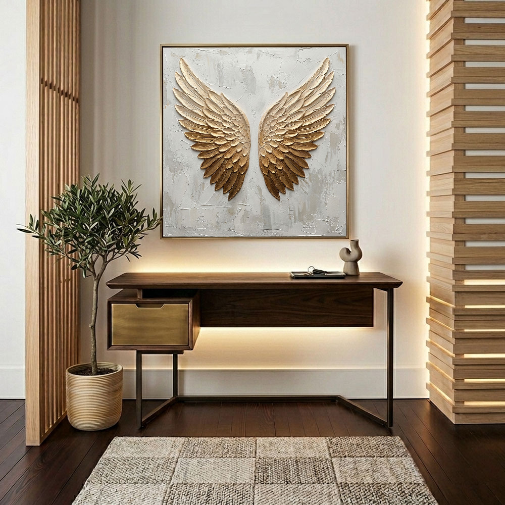 Luxury 3D Golden Angel Wings Textured Wall Art, Elegant Neutral White Beige Relief Artwork, Modern Stylish Home Decor Hanging Piece for Living Room Bedroom Office Hallway Dining Room, Sophisticated Accent Art