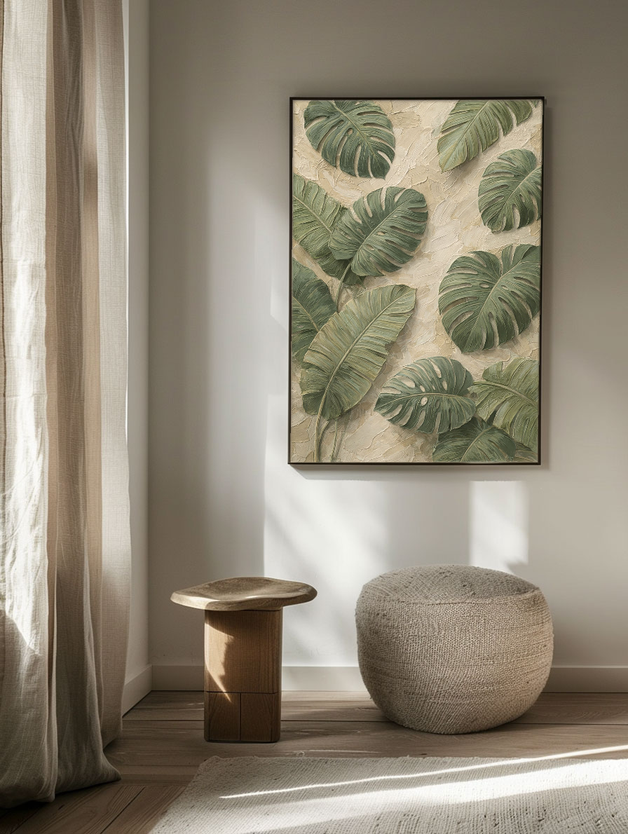 Tropical Green Monstera Banana Leaves Textured Impasto Wall Art for Living Room, Neutral Beige Background Large Botanical Painting, Modern Minimalist Plant Canvas Artwork for Bedroom Dining Room Office Hallway Home Decor