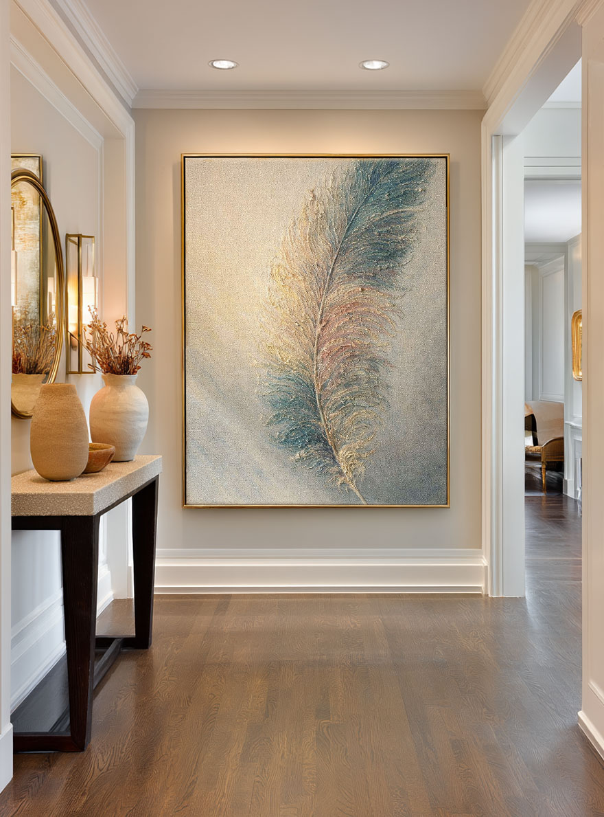 Elegant Soft Textured Feather Framed Wall Art Muted Blue Gold Pink Beige Nature Inspired Stylized Artwork for Modern Minimalist Home Decor Bedroom Living Room Office Dining Hallway