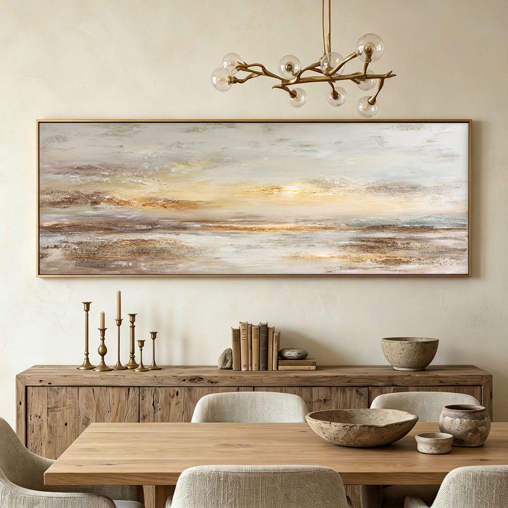 Large Framed Abstract Textured Sunset Seascape Wall Art, Modern Coastal Beige Brown White Gold Canvas Painting, Thick Impasto Knife Stroke Artwork for Living Room Bedroom Office Hallway Dining Room Home Decor