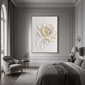 White and Gold Textured 3D Relief Flower Vertical Wall Art for Living Room Bedroom