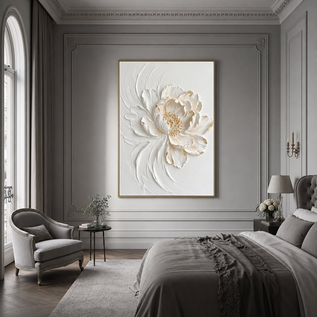 White and Gold Textured 3D Relief Flower Vertical Wall Art for Living Room Bedroom