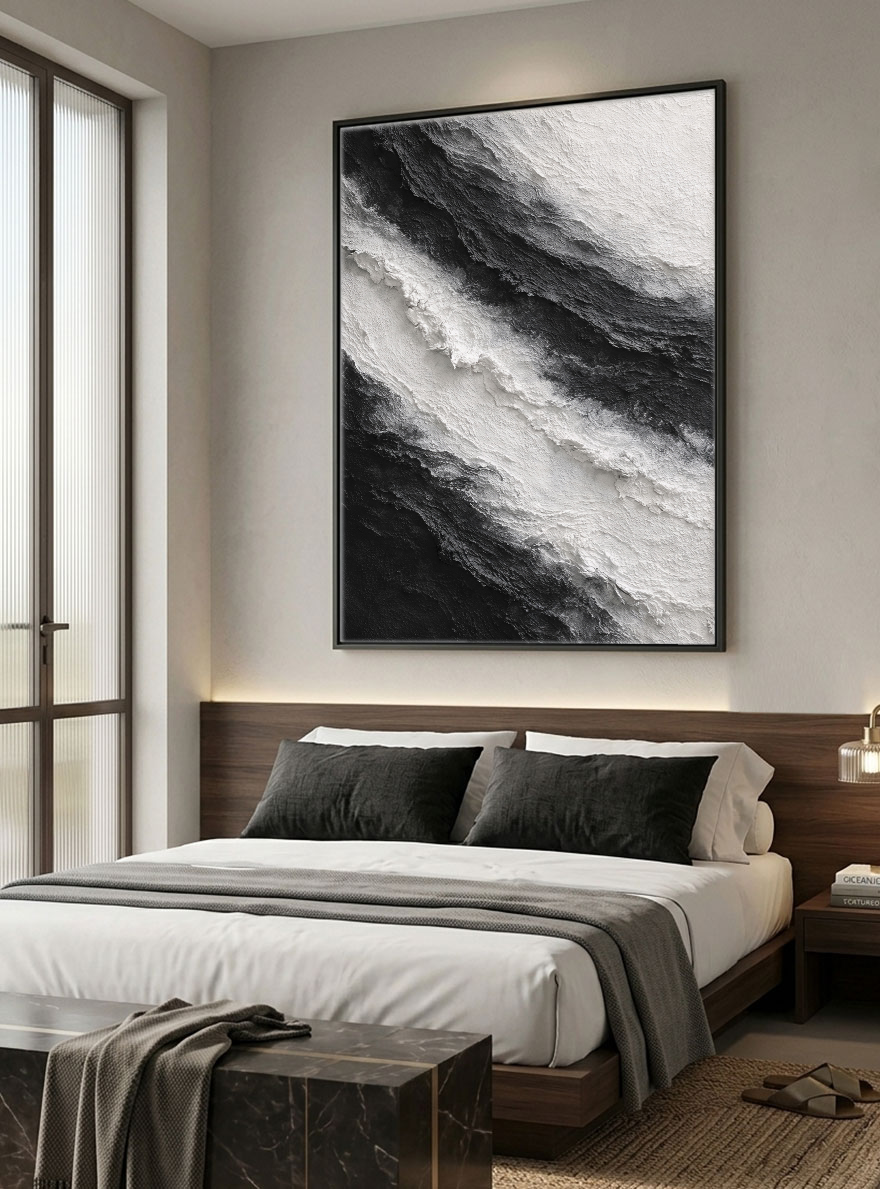 Black and White Abstract Textured Impasto Wall Art for Modern Minimalist Spaces – Monochrome Bold Waves Thick Knife Marks Artwork for Living Room Bedroom Office Dining Hallway Decor