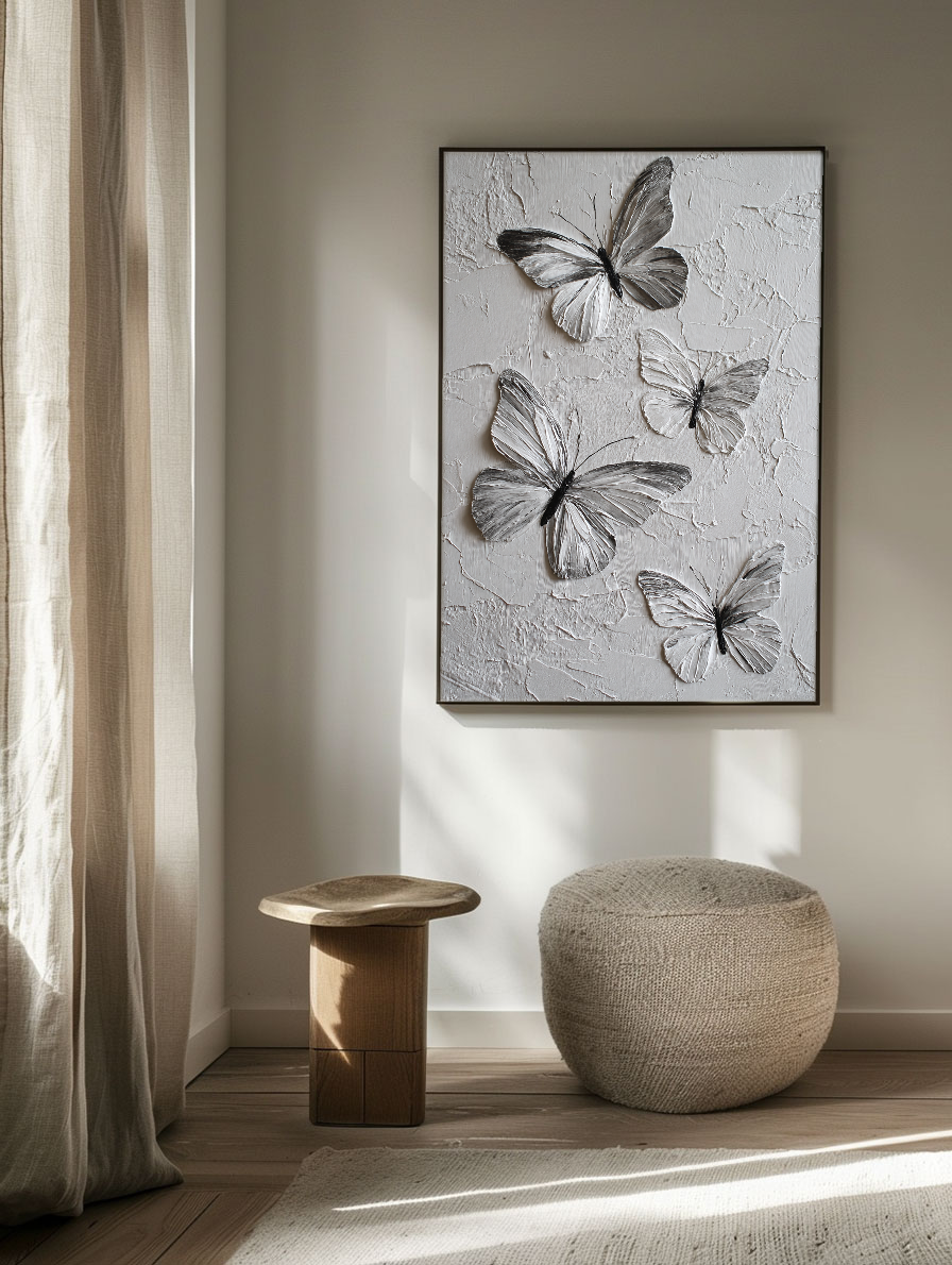 Sophisticated Black and White Textured Butterfly Wall Art, Thick Impasto Relief Minimalist Nature-Inspired Animal Decor for Living Room, Bedroom, Office, Dining Room, and Hallway – Modern Monochrome Canvas Accent Piece