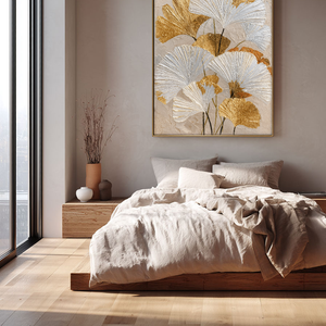 Elegant Textured Gold and White Ginkgo Leaves Floral Wall Art for Modern Home Decor, Botanical Print with Thick Impasto Paint Texture, Beige Background Wall Hanging for Living Room Bedroom Dining Room Office Hallway