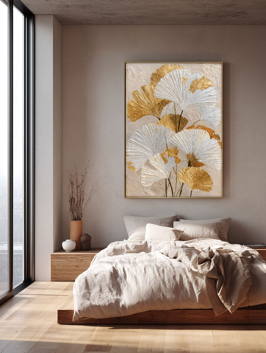 Elegant Textured Gold and White Ginkgo Leaves Floral Wall Art for Modern Home Decor, Botanical Print with Thick Impasto Paint Texture, Beige Background Wall Hanging for Living Room Bedroom Dining Room Office Hallway