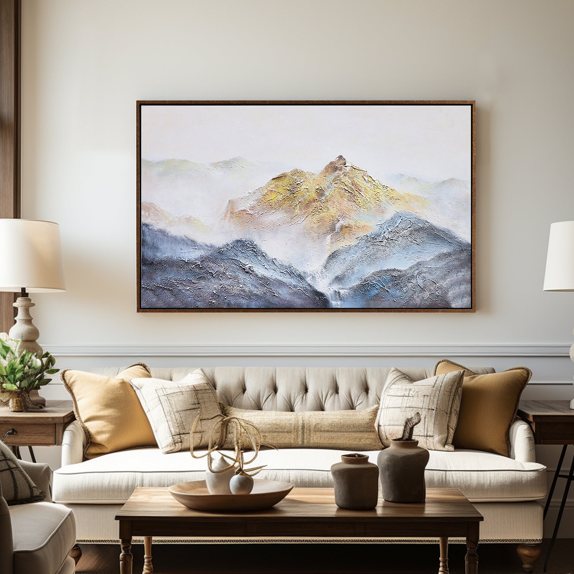 Abstract Landscape Art | Blue And Gold Wall Art | Mountains Painting | Paintings For Living Room #DF014