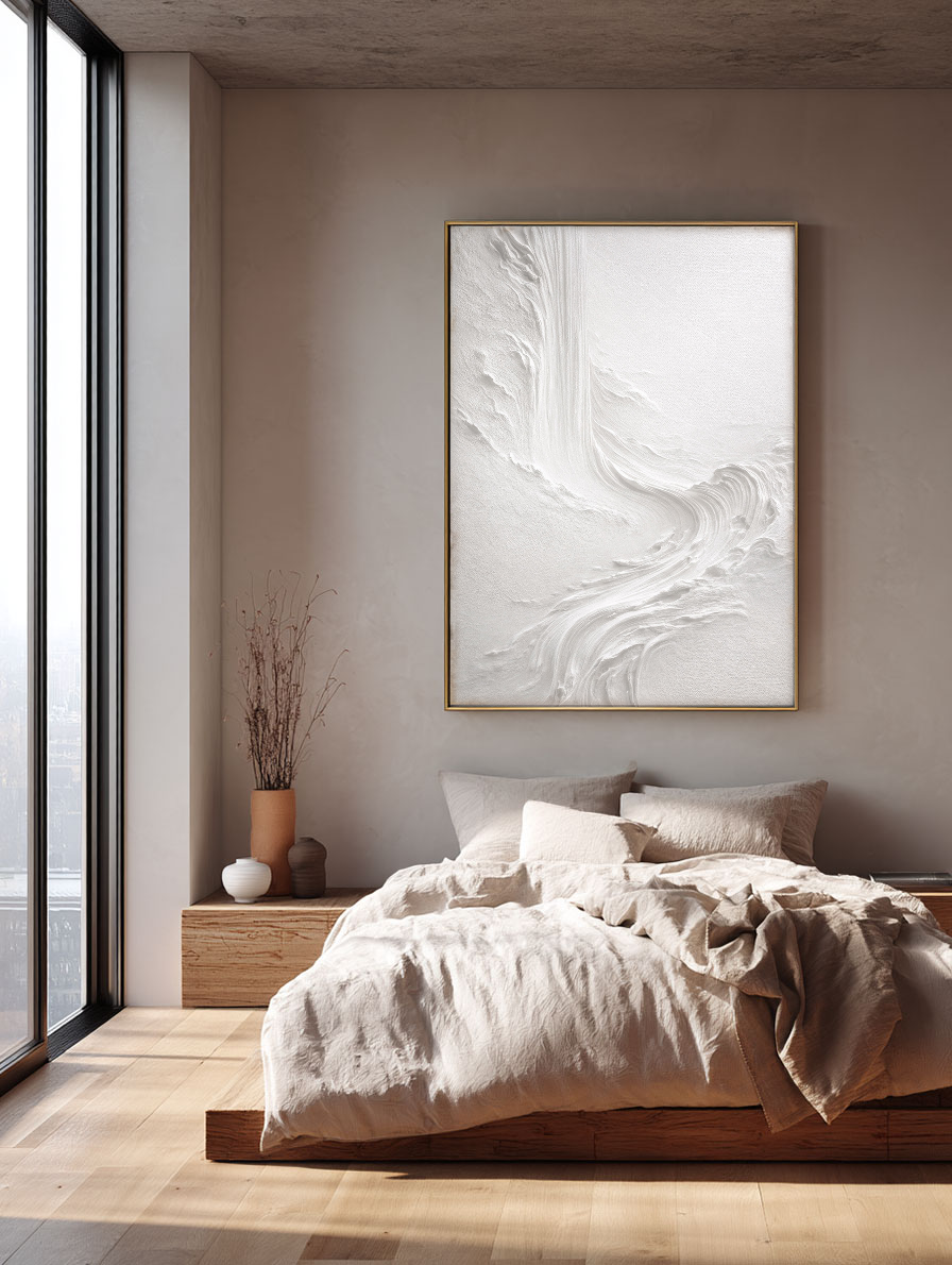 Minimalist White Abstract Textured Impasto Wall Art 3D Relief Flow Decorative Painting for Living Room Bedroom Office Hallway Dining Room Neutral Wabi-Sabi Style Modern Home Decor Artwork