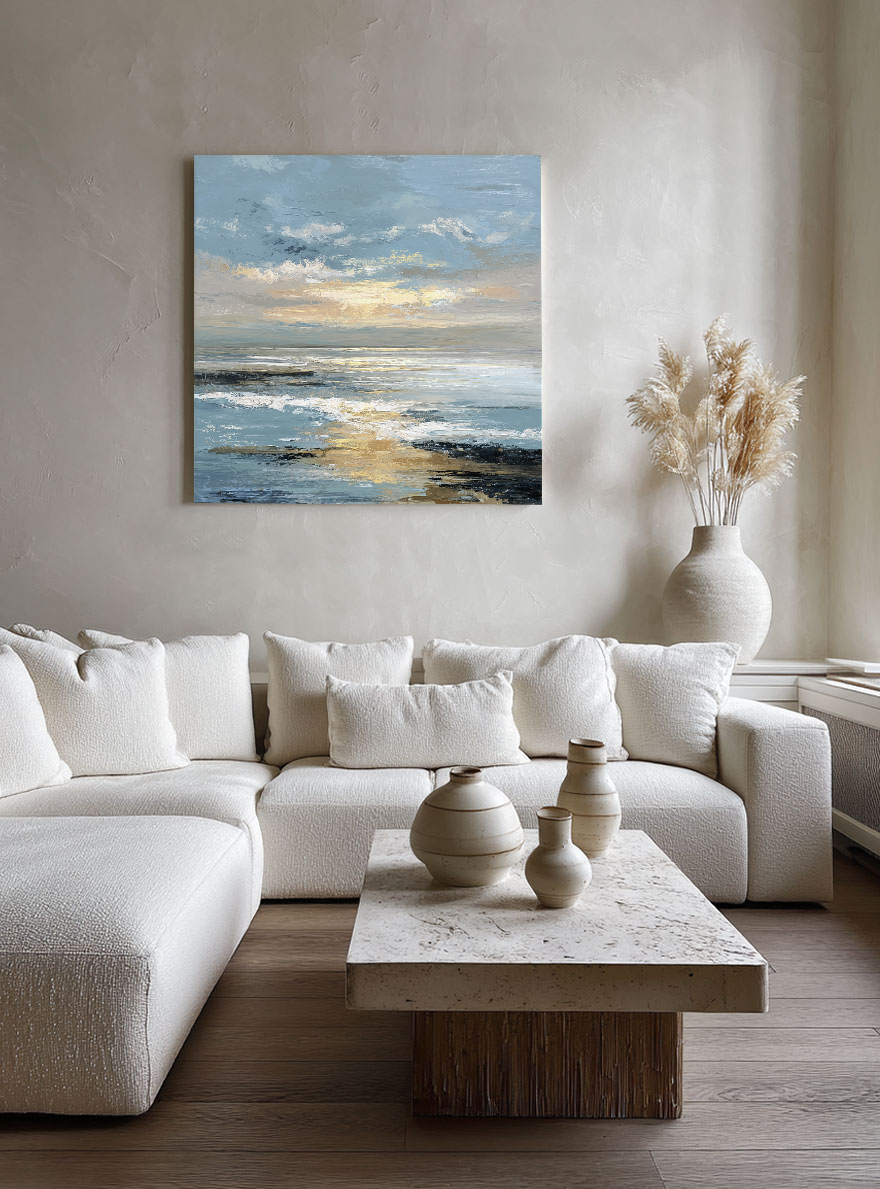 Textured Impasto Coastal Sunset Blue Gold Black White Wall Art Framed Abstract Ocean Sky Seascape for Living Room Bedroom Dining Room Office Hallway Modern Home Decor