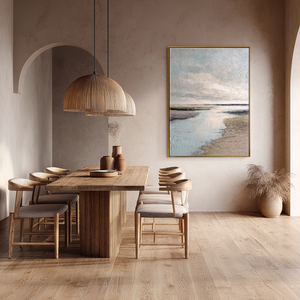 Serene Textured Coastal Horizon Landscape Impasto Wall Art Muted Light Grey Soft Blue Warm Beige Earthy Brown Sand Beach Seaside Calming Ocean Sky Scenery for Modern Living Room Bedroom Office Dining Room Hallway Decor