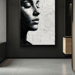 Black and White Impasto Textured Portrait Wall Art – Elegant Serene Woman's Profile with Thick Layered Knife Brushwork, High Contrast Minimalist Monochrome Design, Ideal for Modern Home and Office Decor