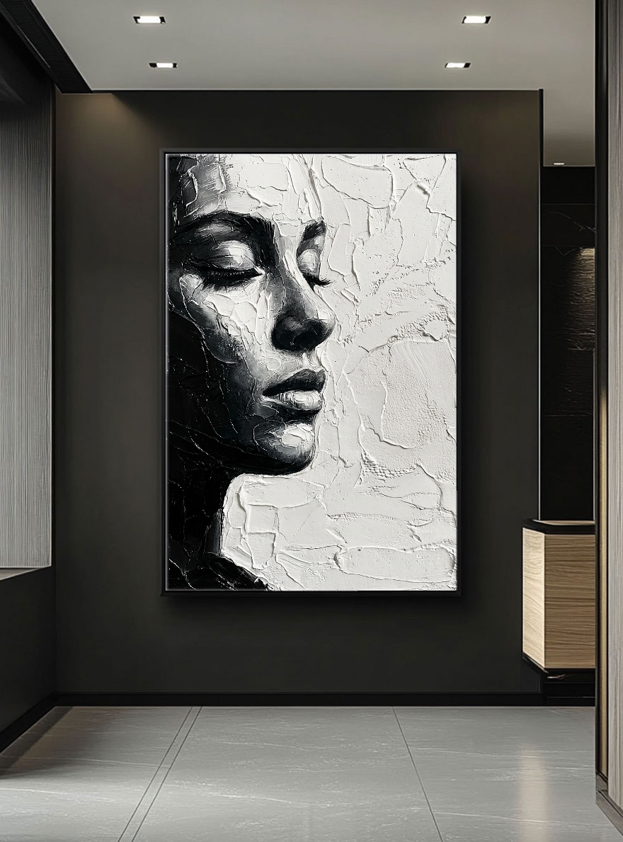 Black and White Impasto Textured Portrait Wall Art – Elegant Serene Woman's Profile with Thick Layered Knife Brushwork, High Contrast Minimalist Monochrome Design, Ideal for Modern Home and Office Decor