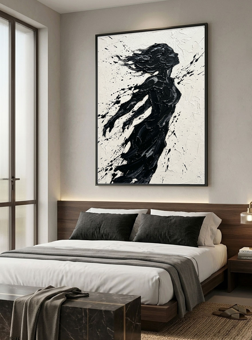 Black and White Textured Impasto Female Silhouette Portrait Canvas Wall Art, Bold Dynamic Black Paint Splatter & Thick Knife/Brush Strokes on Off White Background, High Contrast Modern Artwork for Home & Office Spaces
