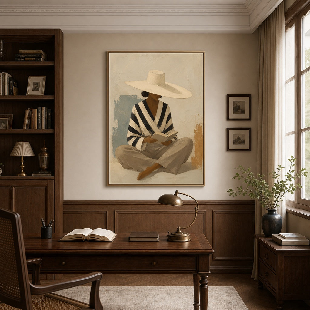 Seated Serenity: Reading Woman with Wide-Brim Hat in a traditional home office
