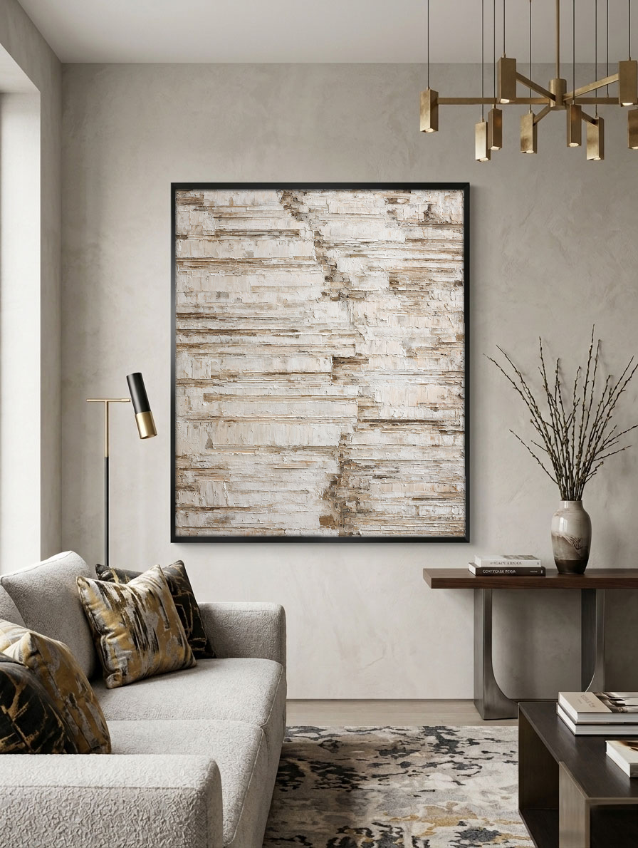 Minimalist Neutral Abstract Textured Canvas Wall Art for Modern Home Decor, Impasto Paint with Thick Brush/Knife Stacked Layers, Beige White Brown Earth Tone Block Pattern, Framed Wabi-Sabi Inspired Wall Decor for Living Room Bedroom Office Hallway