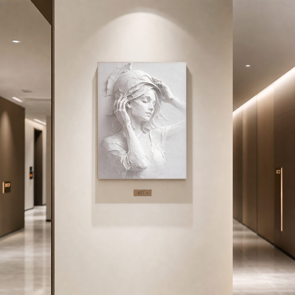 Portrait White Light Gray Textured Plaster 3D Relief Vertical Wall Art for Bedroom Living Room